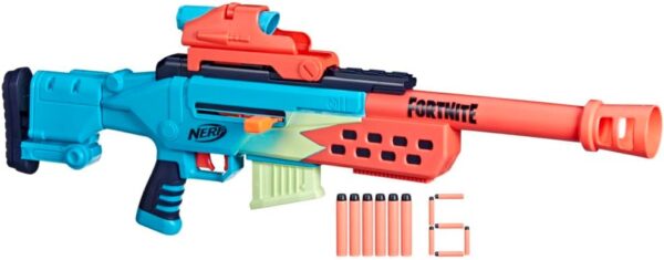 nerf fortnite storm scout, blaster avec nerf sight, chargeur 6 fléchettes, 6 fléchettes nerf elite, mécanisme de verrouillage