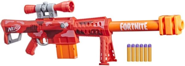 nerf fortnite, heavy sr blaster, le plus long fortnite blaster, visée détachable, 6 fléchettes, 6 dart magazine