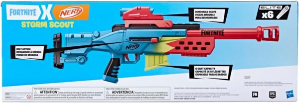 nerf fortnite storm scout, blaster avec nerf sight, chargeur 6 fléchettes, 6 fléchettes nerf elite, mécanisme de verrouillage