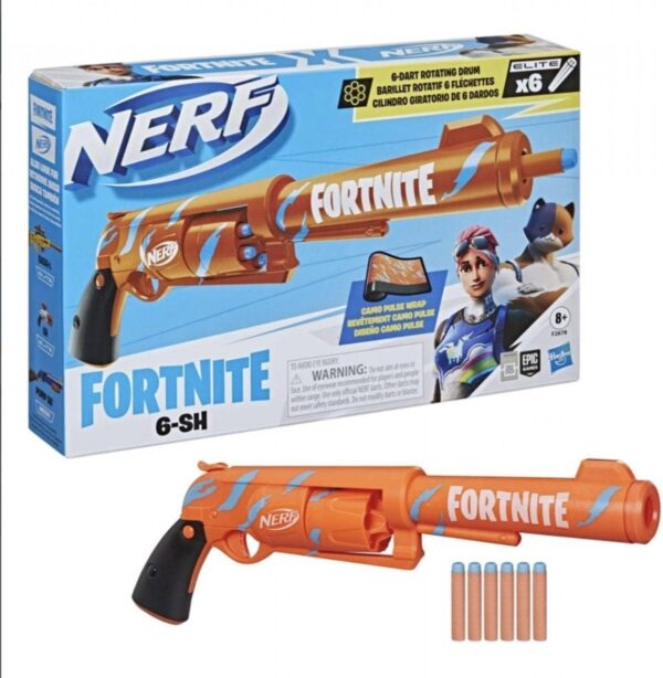 nerf fortnite, 6 sh blaster avec revêtement camo pulse, mécanisme de frappe, canon rotatif, 6 fléchettes nerf elite, multicolore f2678eu5