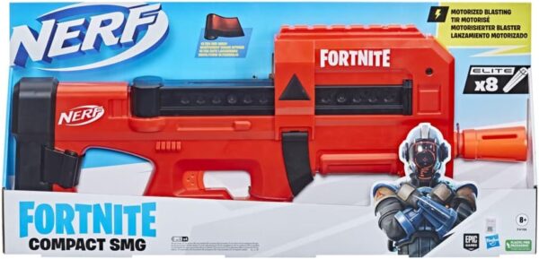 nerf fortnite compact smg, blaster de fléchettes motorisé, revêtement ultra rouge, chargeur interne de 8 fléchettes, comprend 8 fléchettes nerf elite