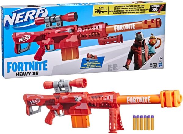 nerf fortnite, heavy sr blaster, le plus long fortnite blaster, visée détachable, 6 fléchettes, 6 dart magazine