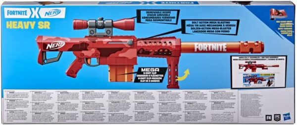 nerf fortnite, heavy sr blaster, le plus long fortnite blaster, visée détachable, 6 fléchettes, 6 dart magazine