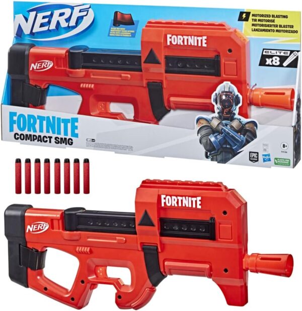 nerf fortnite compact smg, blaster de fléchettes motorisé, revêtement ultra rouge, chargeur interne de 8 fléchettes, comprend 8 fléchettes nerf elite