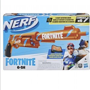 nerf fortnite, 6 sh blaster avec revêtement camo pulse, mécanisme de frappe, canon rotatif, 6 fléchettes nerf elite, multicolore f2678eu5