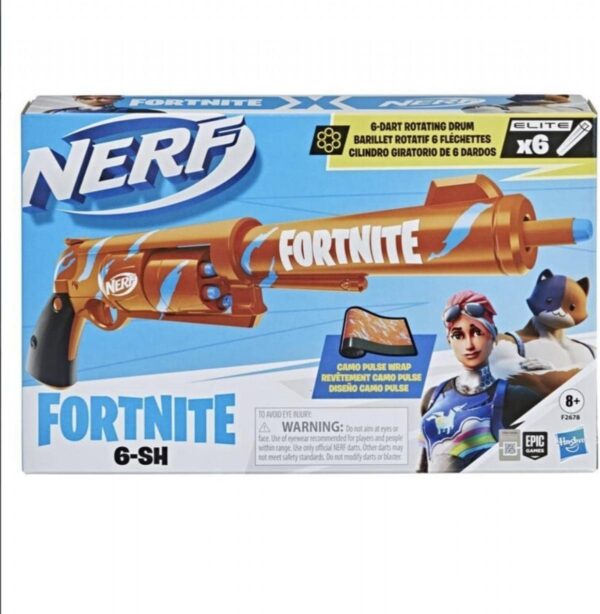 nerf fortnite, 6 sh blaster avec revêtement camo pulse, mécanisme de frappe, canon rotatif, 6 fléchettes nerf elite, multicolore f2678eu5