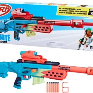 nerf fortnite storm scout, blaster avec nerf sight, chargeur 6 fléchettes, 6 fléchettes nerf elite, mécanisme de verrouillage