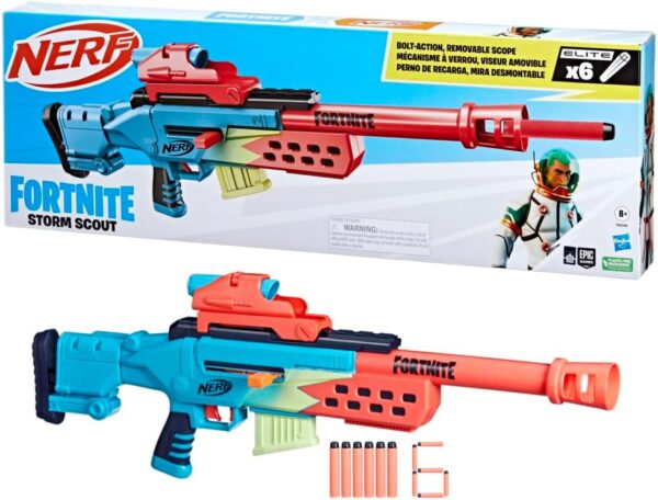 nerf fortnite storm scout, blaster avec nerf sight, chargeur 6 fléchettes, 6 fléchettes nerf elite, mécanisme de verrouillage