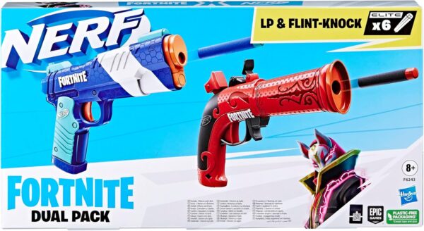 nerf fortnite dual pack, comprend 2 nerf blasters et 6 fléchettes en mousse nerf elite