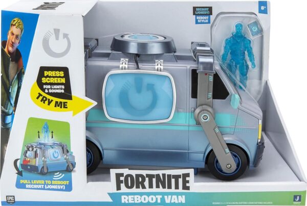 fornite fnt0732 fortnite feature deluxe van, véhicule électronique avec figurines et accessoires articulés reboot recruit (jonesy) de 4 pouces, multicolore