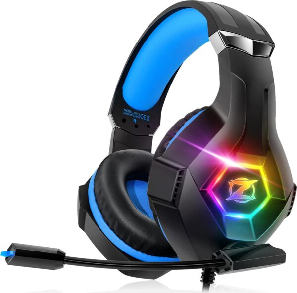 ozeino casque de jeu pour ps5 pc ps4, casque de jeu pour microphone rvb 7 couleurs transducteurs 50 mm basses stéréo microphone antibruit réglable compatible avec switch xbox series x & s nior bleu