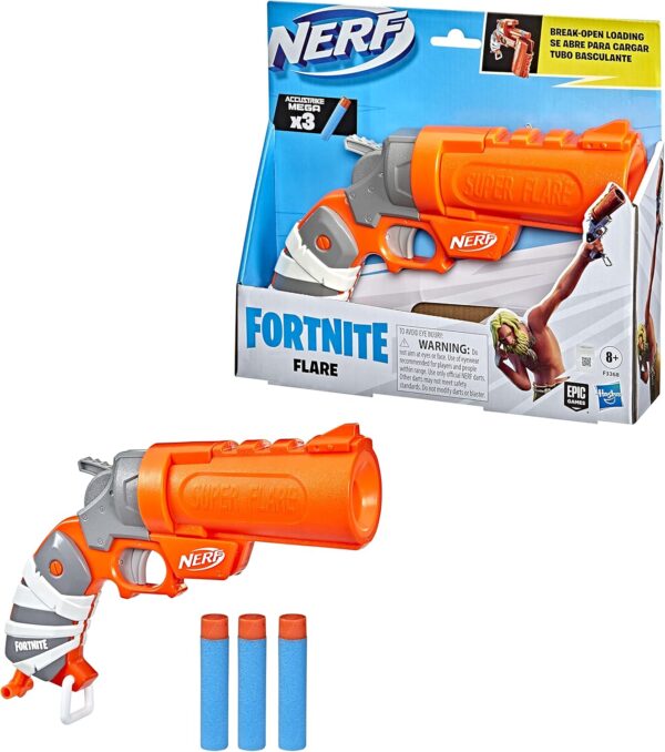 nerf fortnite flare dart blaster s'ouvre pour charger, comprend 3 poignées officielles accustrike mega darts primer multicolore