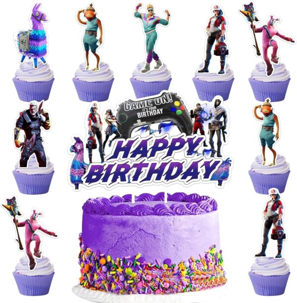 ctxtqtdt 13 pièces décorations de gâteau d'anniversaire fortnit pour garçons et filles, décorations de gâteau fortnit joyeux anniversaire, décorations de gâteau pour fournitures de fête d'anniversaire d'enfants (a)