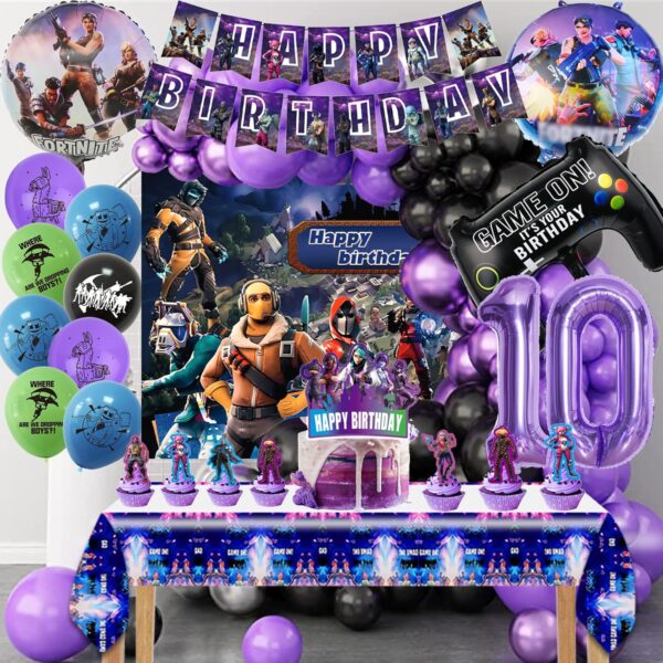 décorations fortnite 10e anniversaire, fournitures de fête d'anniversaire de jeu, ballons de jeu avec nappes, bannières, décorations de gâteaux d'anniversaire