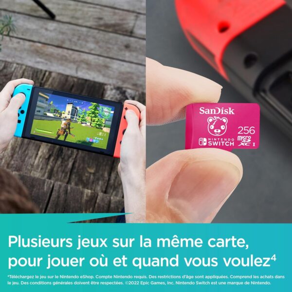 sandisk 256 go microsdxc, carte ush i, pour consoles nintendo switch, édition fortnite, jusqu'à 100 mo/s produit approuvé par nintendo, uhs i, classe 10, u3