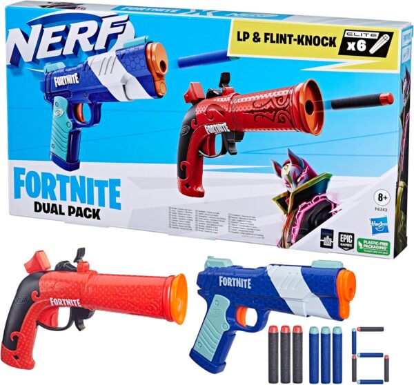 nerf fortnite dual pack, comprend 2 nerf blasters et 6 fléchettes en mousse nerf elite