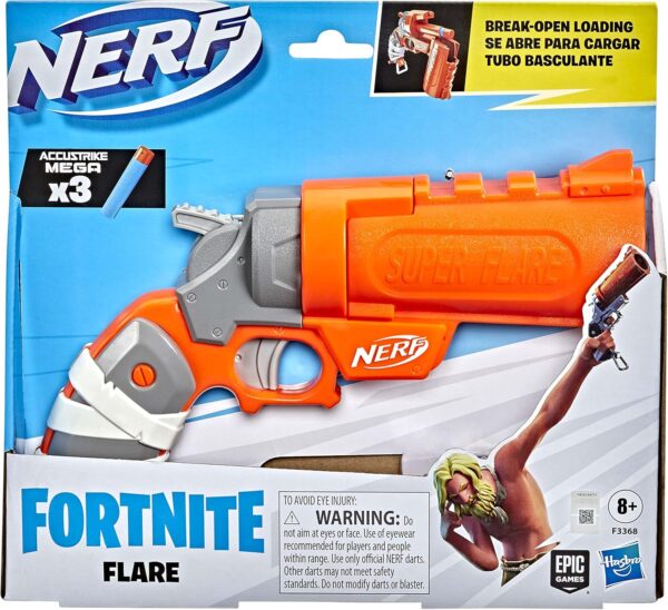 nerf fortnite flare dart blaster s'ouvre pour charger, comprend 3 poignées officielles accustrike mega darts primer multicolore