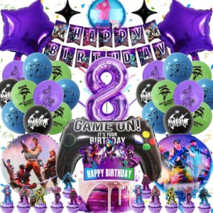 décoration de 8e anniversaire fortnit, ballon de fête d'anniversaire gozuein fortnit, 44 pièces de décoration de ballons de jeu vidéo, bannière de gâteau en ballon en latex, décoration de fête d'anniversaire de joueur de jeu garçon