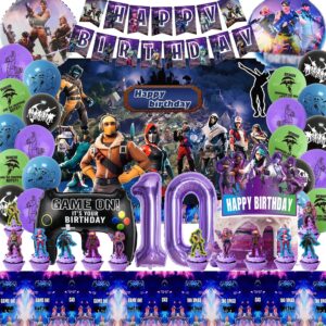 décorations fortnite 10e anniversaire, fournitures de fête d'anniversaire de jeu, ballons de jeu avec nappes, bannières, décorations de gâteaux d'anniversaire